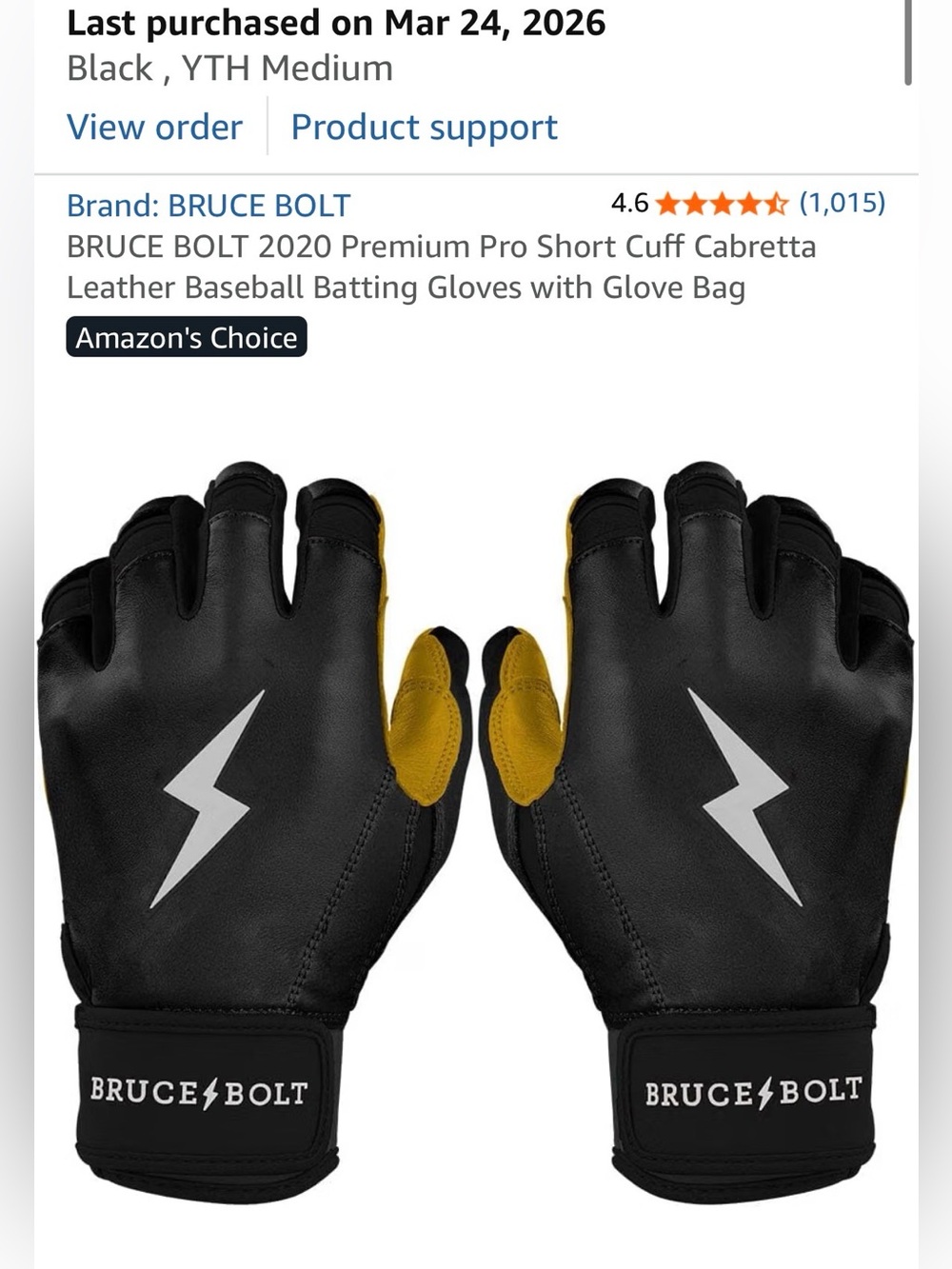 Youth medium Bruce Bolt Batting Gloves